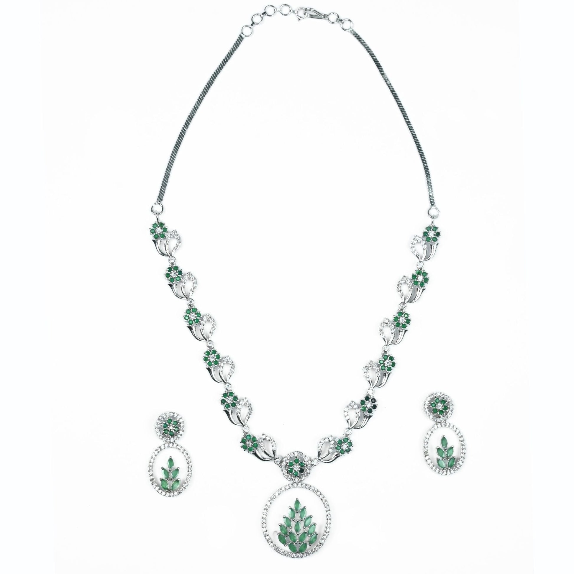 Necklace - Leaflet Motif Rhodium Plated Necklace Set - Opal Touch