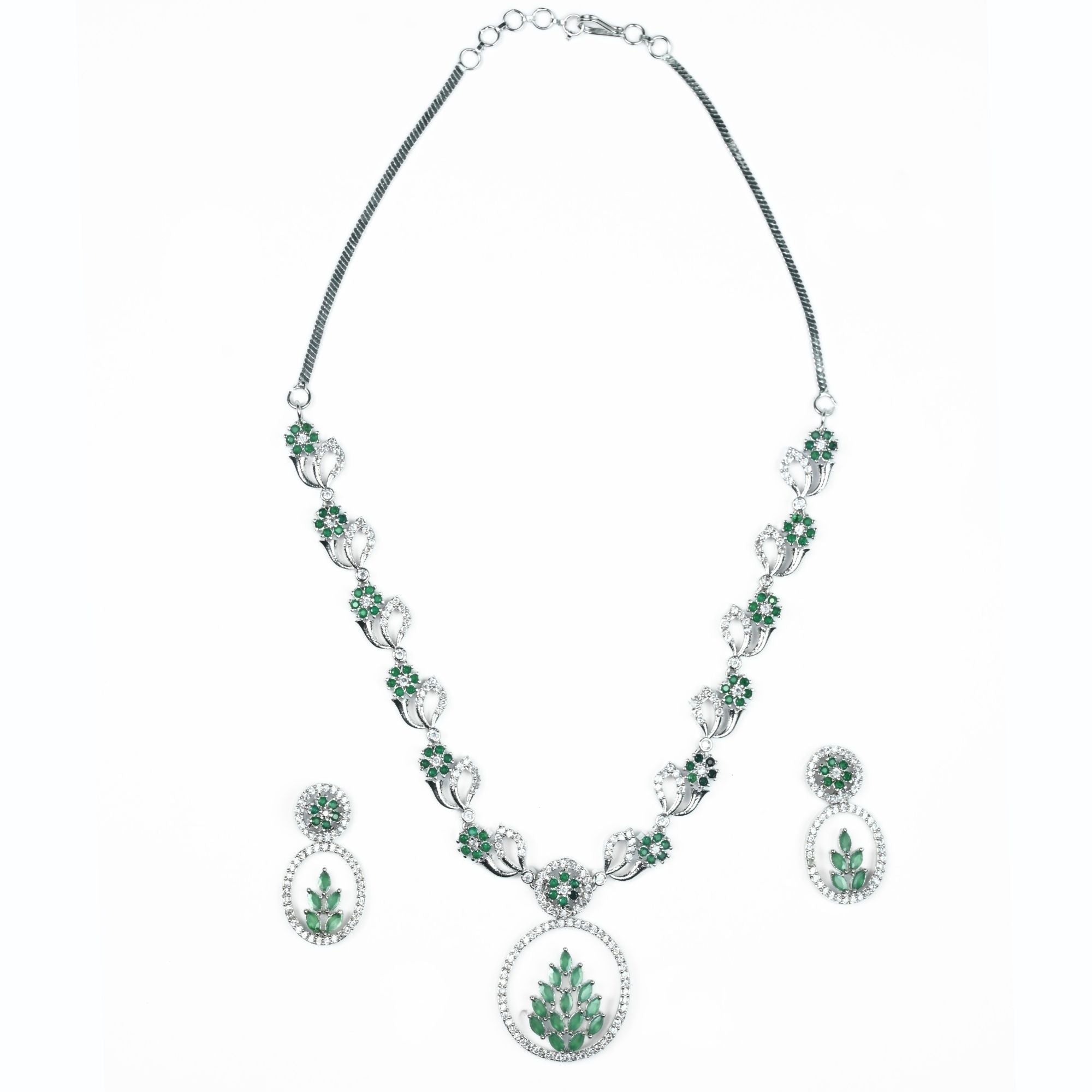 Necklace - Leaflet Motif Rhodium Plated Necklace Set - Opal Touch