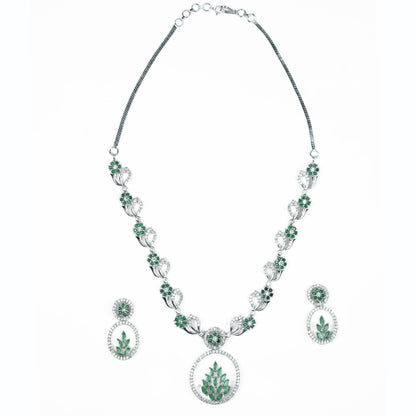 Necklace - Leaflet Motif Rhodium Plated Necklace Set - Opal Touch