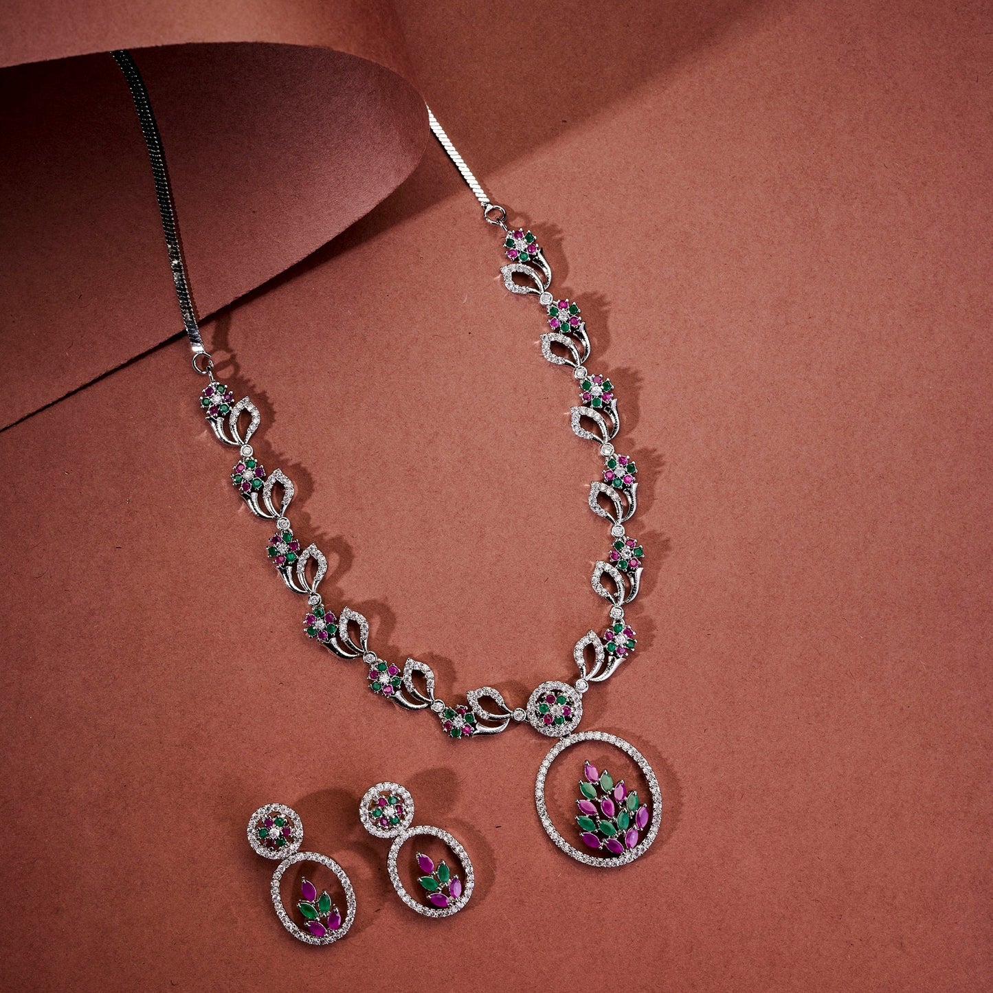 Necklace - Leaflet Motif Rhodium Plated Necklace Set - Opal Touch