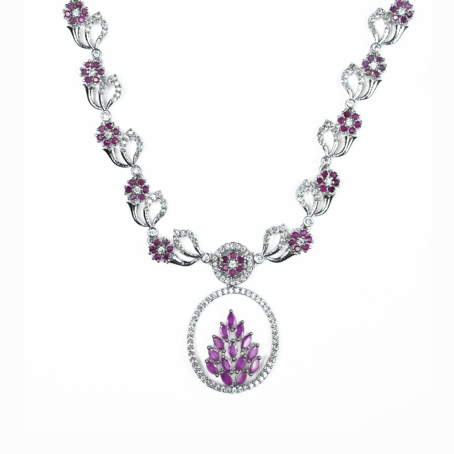 Necklace - Leaflet Motif Rhodium Plated Necklace Set - Opal Touch