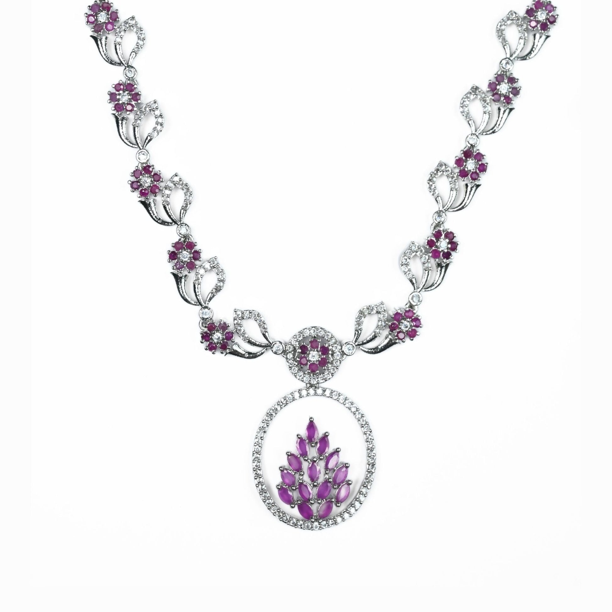 Necklace - Leaflet Motif Rhodium Plated Necklace Set - Opal Touch