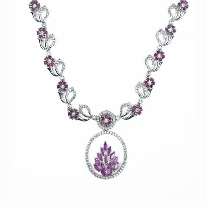 Necklace - Leaflet Motif Rhodium Plated Necklace Set - Opal Touch