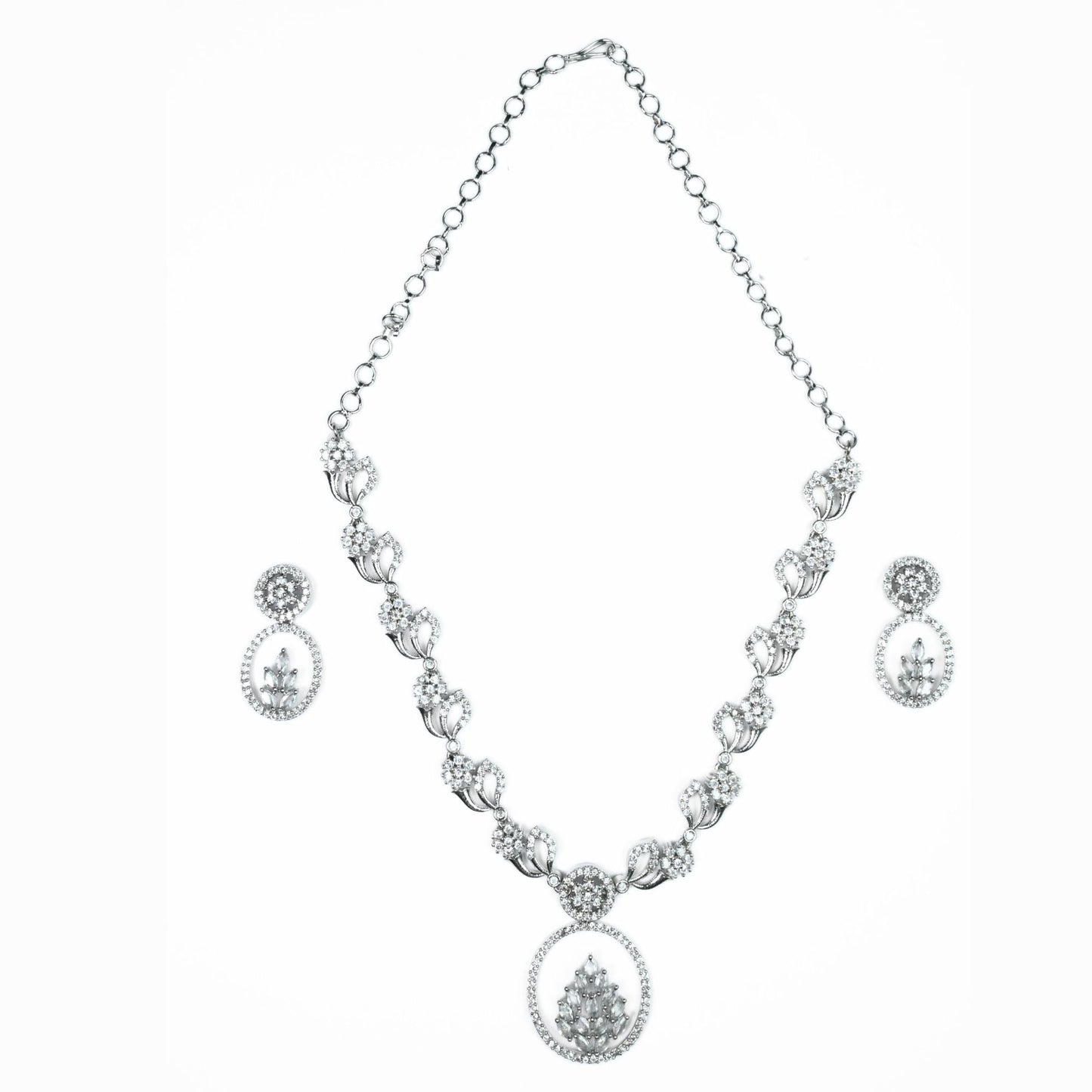 Necklace - Leaflet Motif Rhodium Plated Necklace Set - Opal Touch