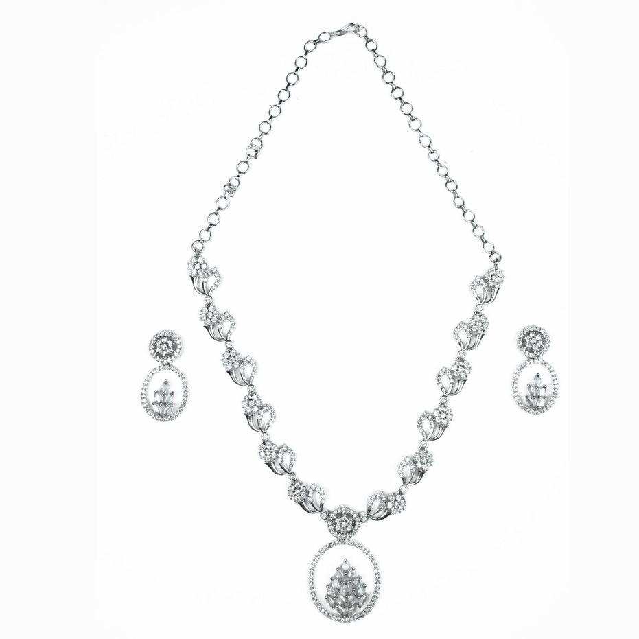 Necklace - Leaflet Motif Rhodium Plated Necklace Set - Opal Touch