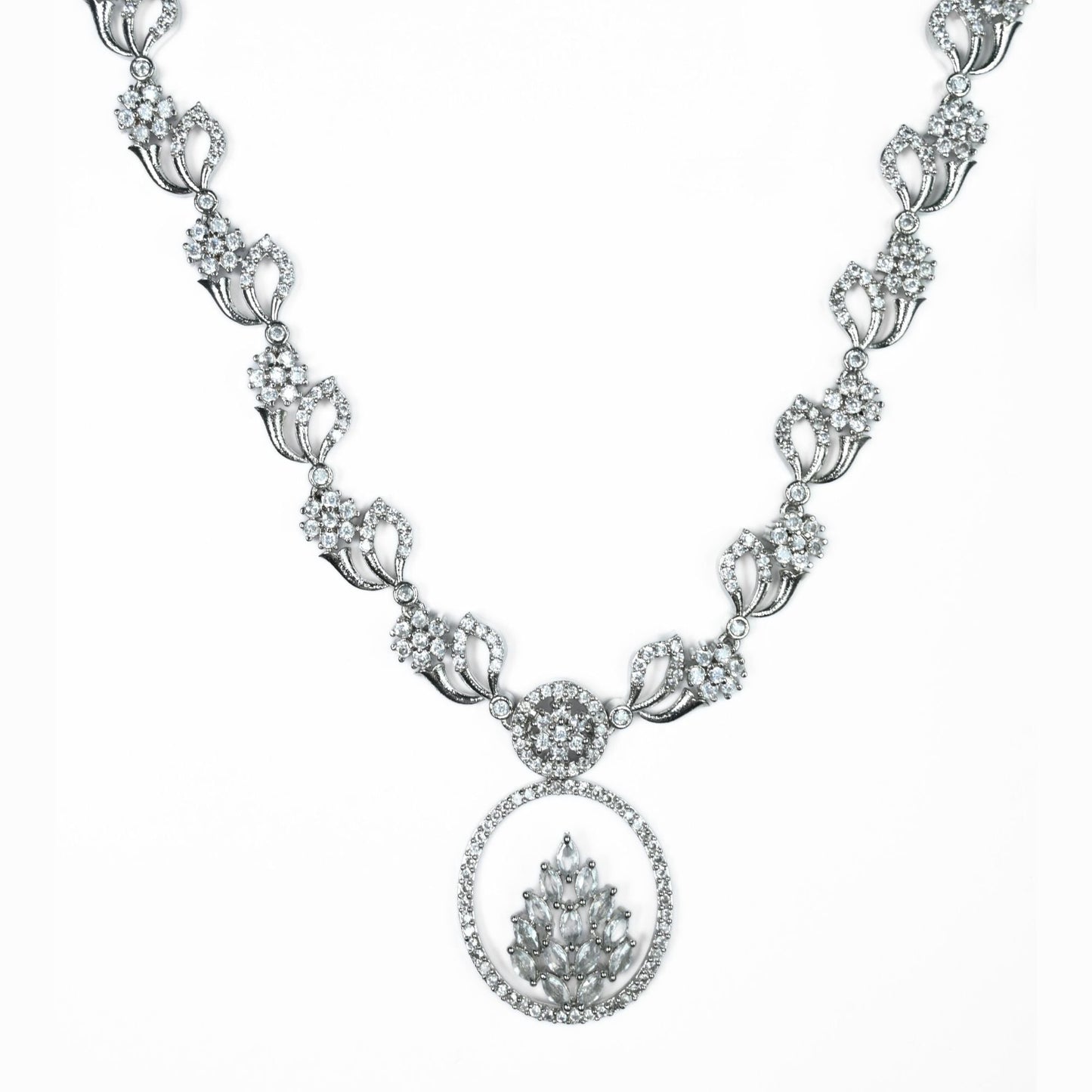 Necklace - Leaflet Motif Rhodium Plated Necklace Set - Opal Touch