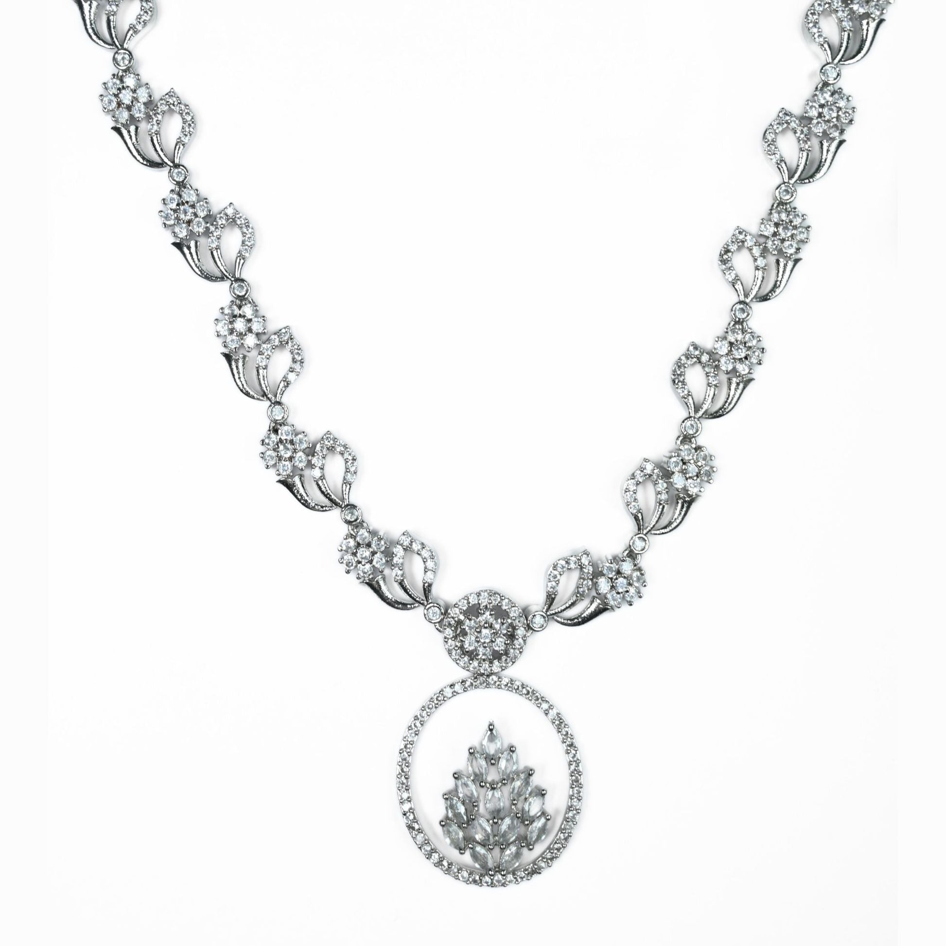 Necklace - Leaflet Motif Rhodium Plated Necklace Set - Opal Touch