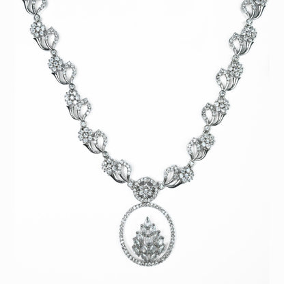 Necklace - Leaflet Motif Rhodium Plated Necklace Set - Opal Touch