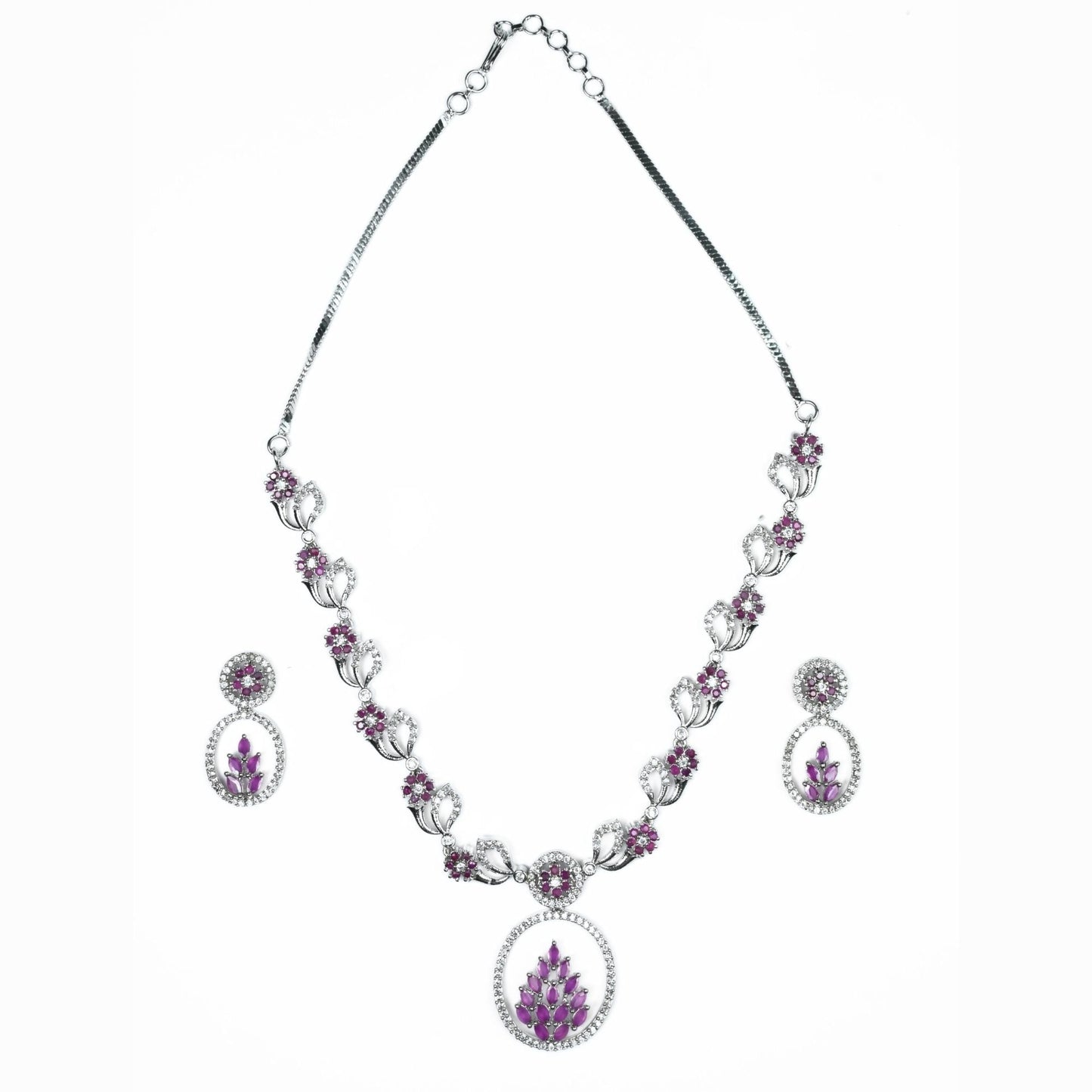 Necklace - Leaflet Motif Rhodium Plated Necklace Set - Opal Touch