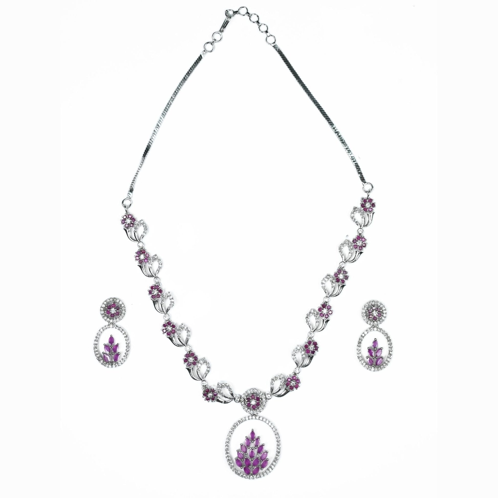 Necklace - Leaflet Motif Rhodium Plated Necklace Set - Opal Touch