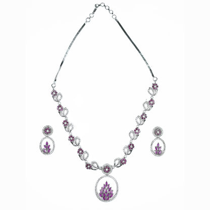 Necklace - Leaflet Motif Rhodium Plated Necklace Set - Opal Touch