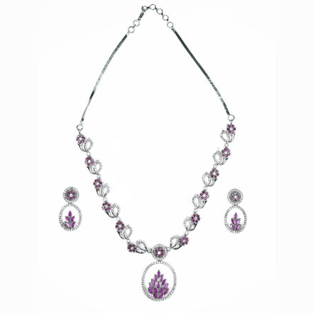 Necklace - Leaflet Motif Rhodium Plated Necklace Set - Opal Touch