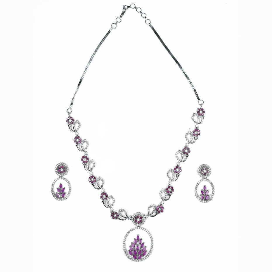 Necklace - Leaflet Motif Rhodium Plated Necklace Set - Opal Touch