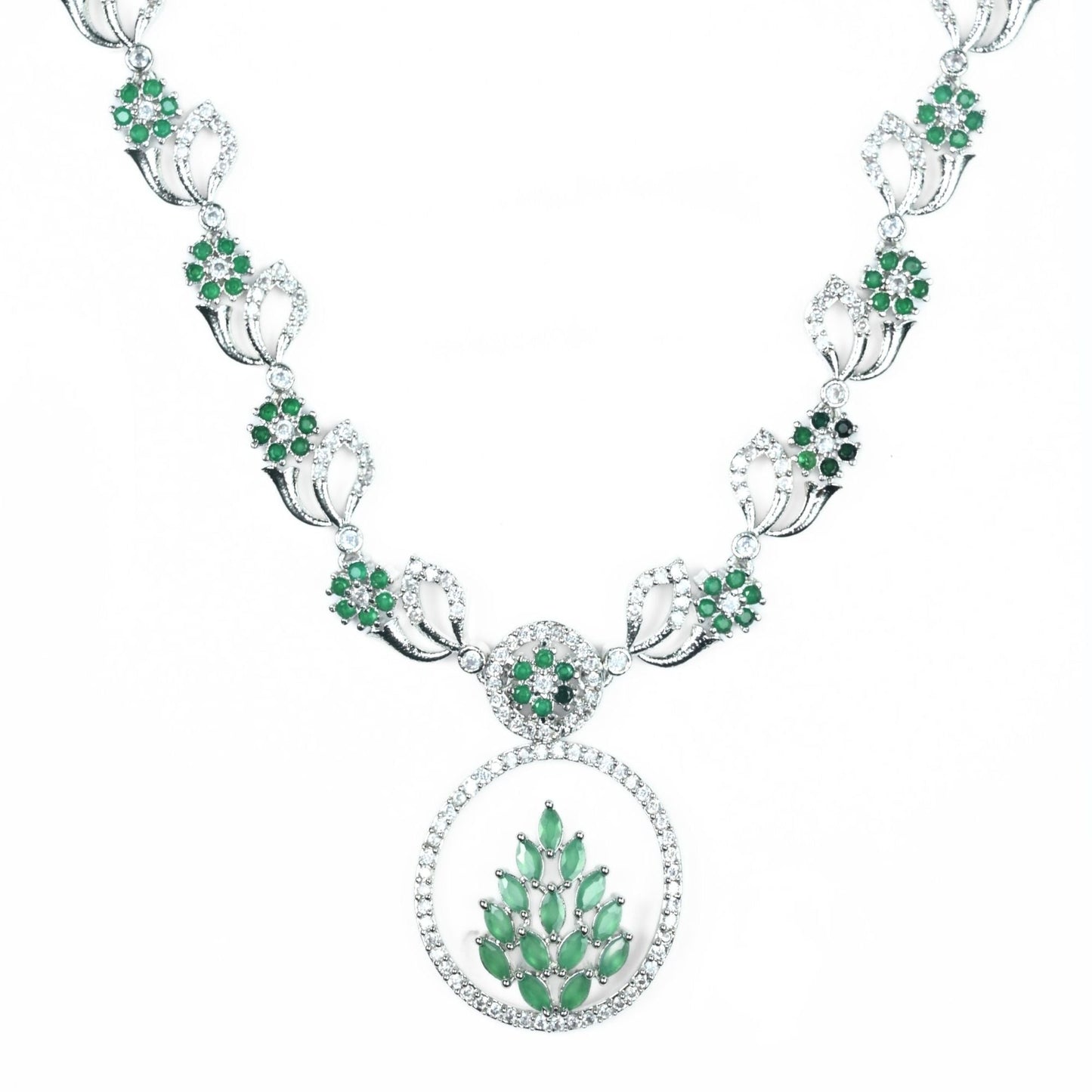 Necklace - Leaflet Motif Rhodium Plated Necklace Set - Opal Touch