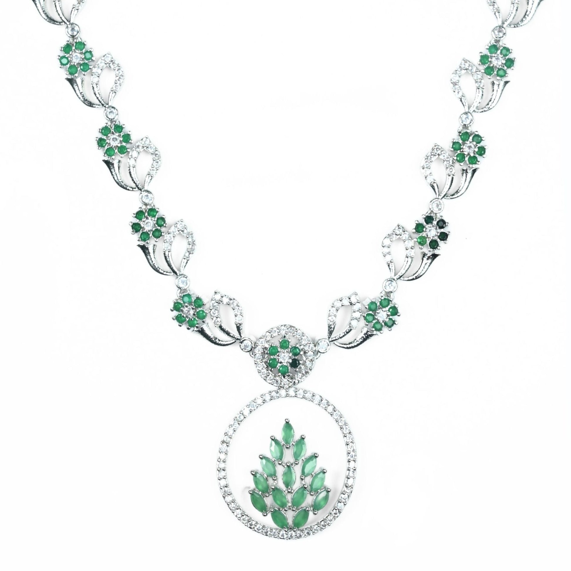 Necklace - Leaflet Motif Rhodium Plated Necklace Set - Opal Touch