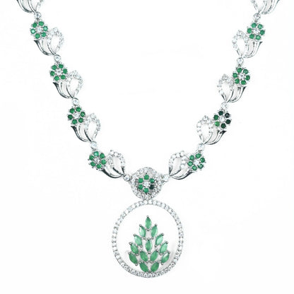 Necklace - Leaflet Motif Rhodium Plated Necklace Set - Opal Touch