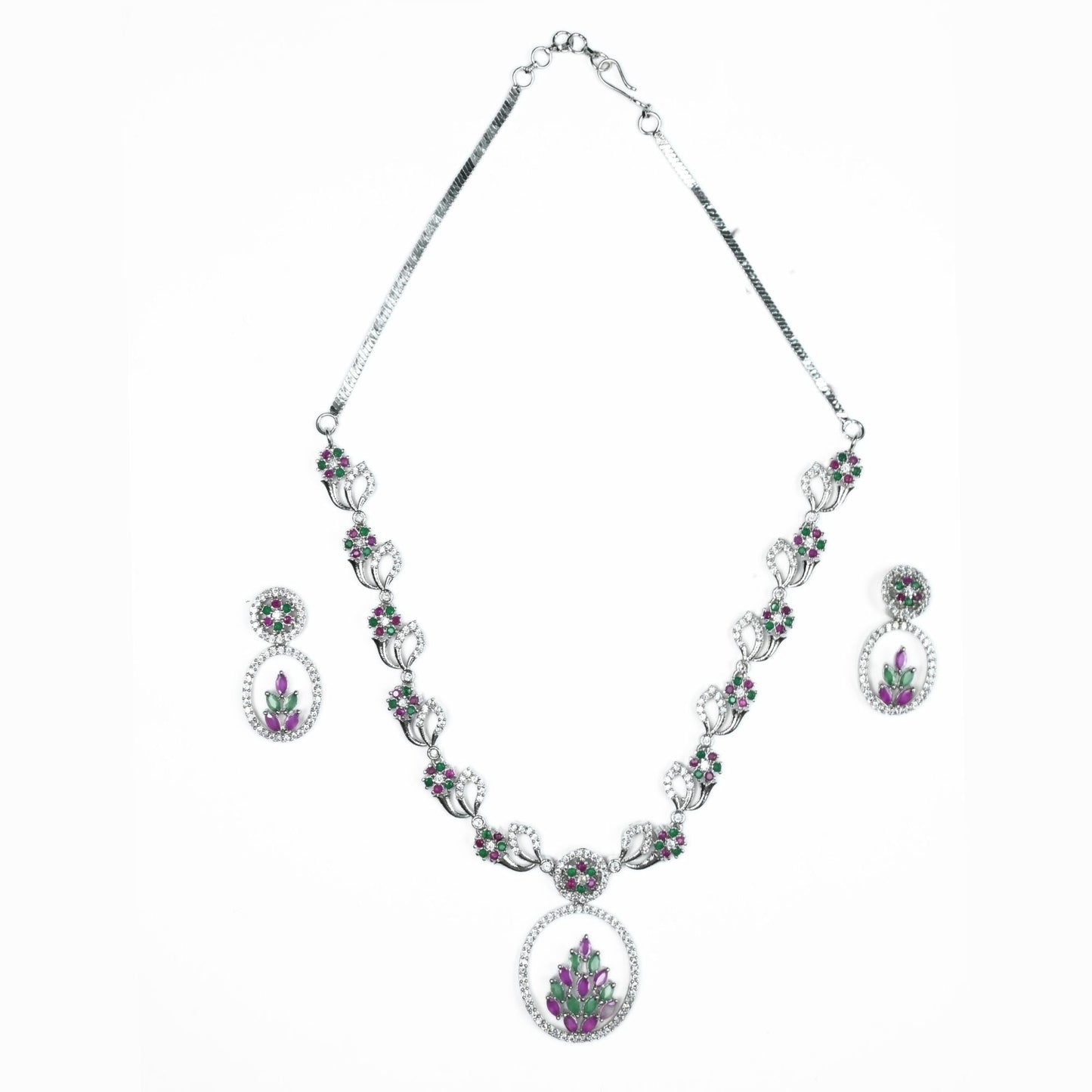 Necklace - Leaflet Motif Rhodium Plated Necklace Set - Opal Touch