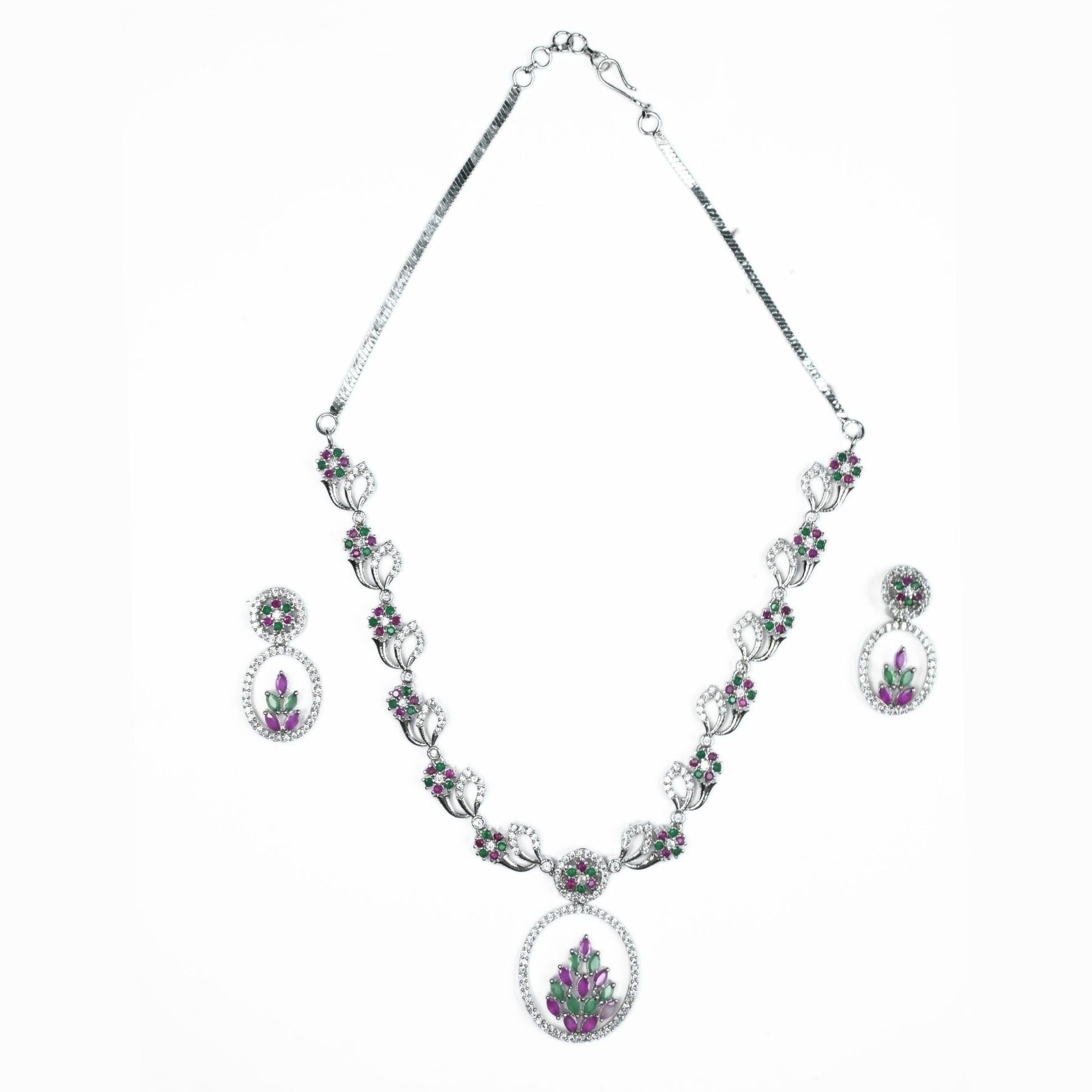 Necklace - Leaflet Motif Rhodium Plated Necklace Set - Opal Touch