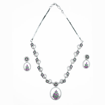 Necklace - Leaflet Motif Rhodium Plated Necklace Set - Opal Touch