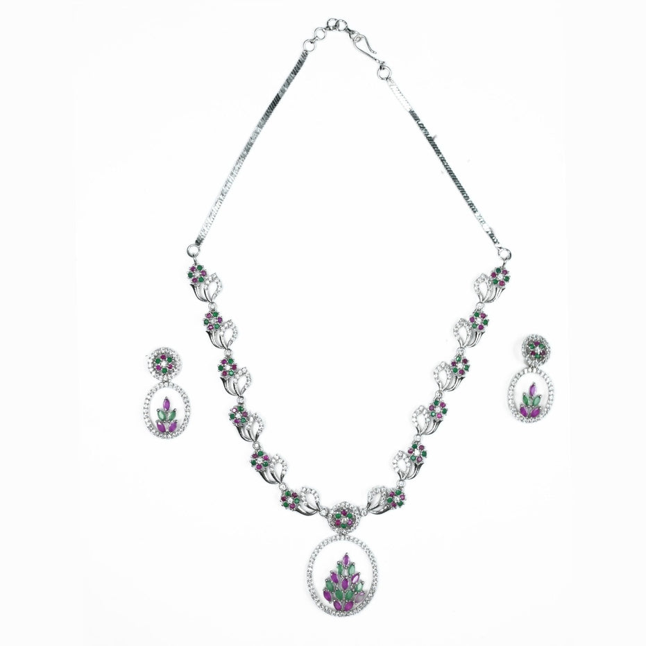 Necklace - Leaflet Motif Rhodium Plated Necklace Set - Opal Touch