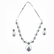 Necklace - Leaflet Motif Rhodium Plated Necklace Set - Opal Touch