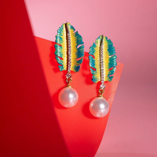 Leaflet Pearl Stated Gold and Silver Plated Earrings - Opal Touch