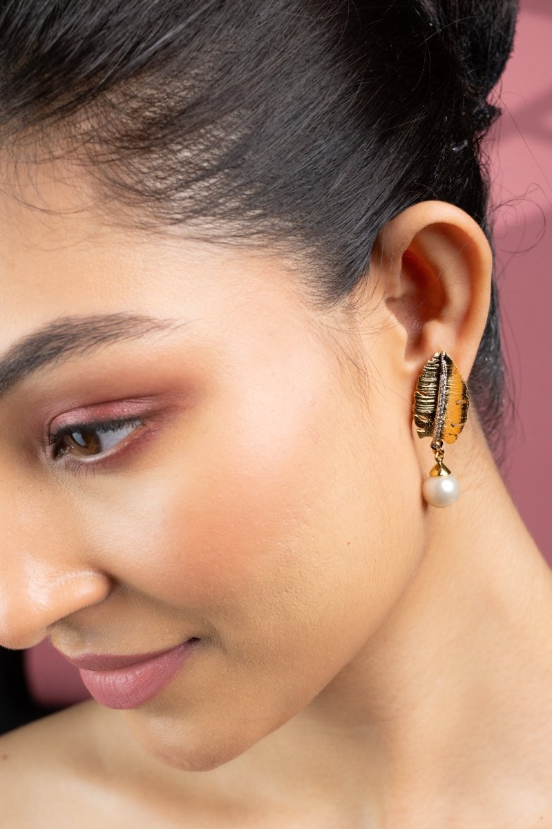 Leaflet Pearl Stated Gold and Silver Plated Earrings - Opal Touch