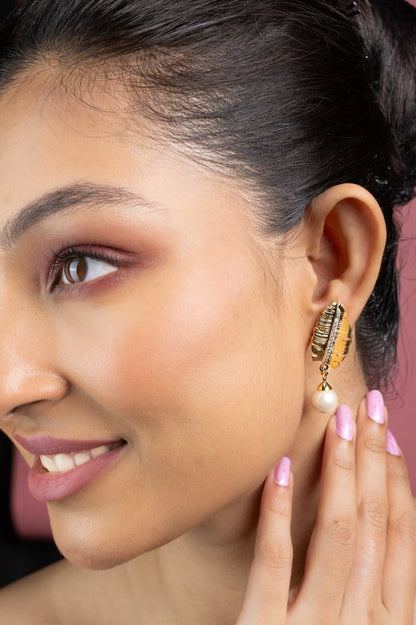 Leaflet Pearl Stated Gold and Silver Plated Earrings - Opal Touch