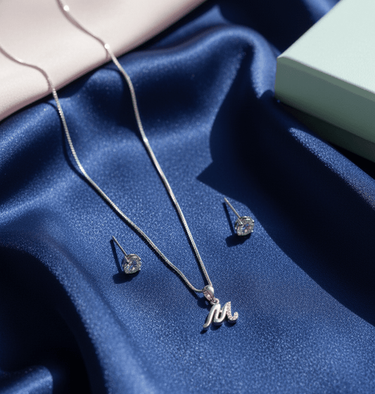 M' Initial Necklace and Cubic Zirconia Stud Earrings Set (Pack of 2) - Opal Touch