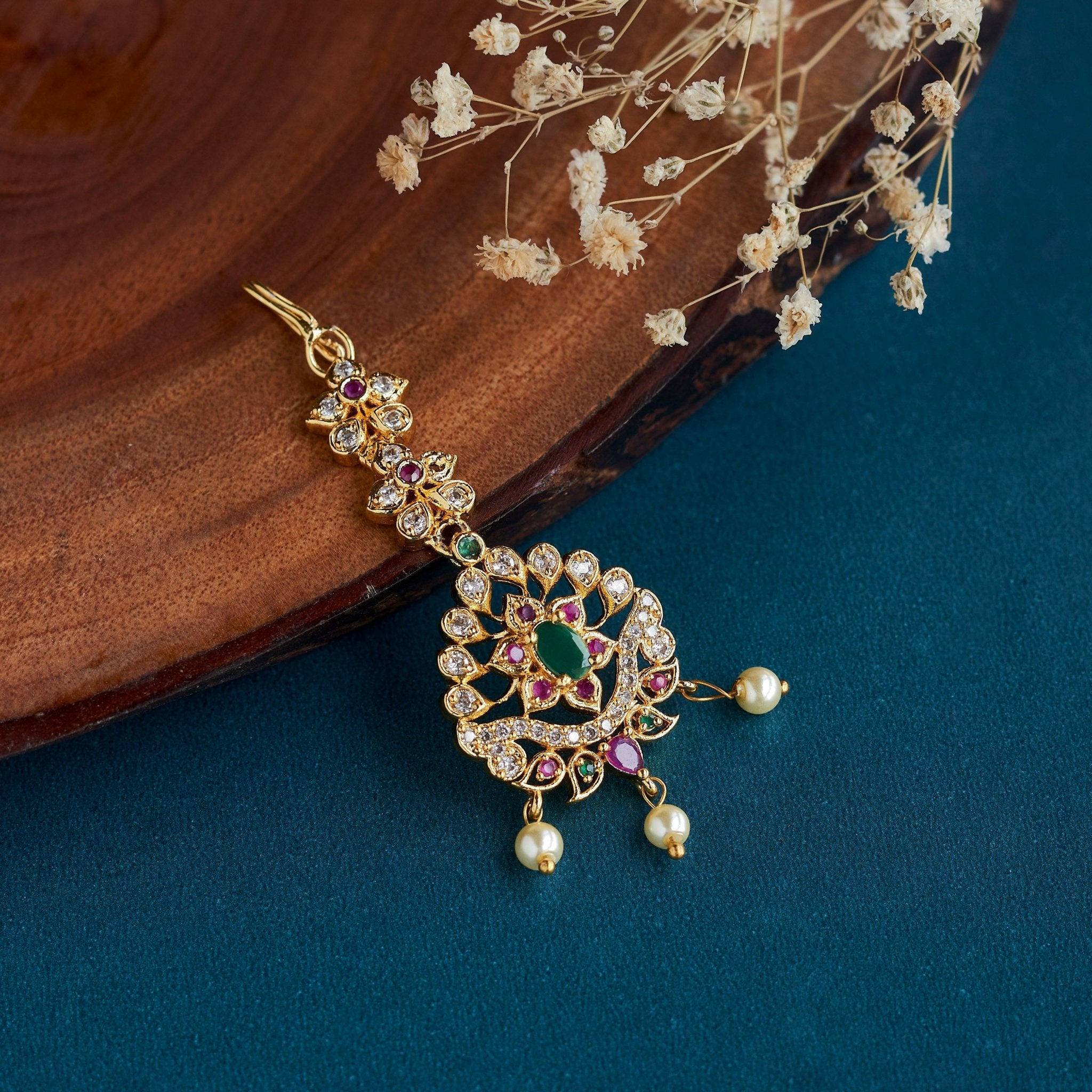 Tika - Majestic Emerald Bloom Maang Tika - Opal Touch