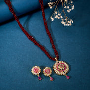 Necklace - Maroon Beaded Kundan Pendant Set - Opal Touch