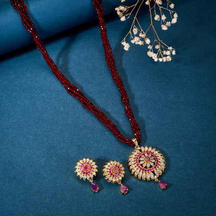 Necklace - Maroon Beaded Kundan Pendant Set - Opal Touch