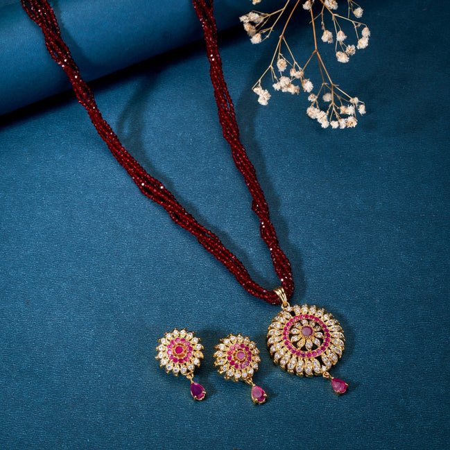 Necklace - Maroon Beaded Kundan Pendant Set - Opal Touch