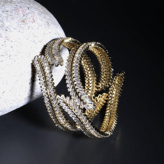 Mehendi Plated CZ Diamond Leaf Pattern Openable Bangles (Pack of 2) - Opal Touch