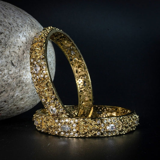 Mehendi Plated Kundan Meena Floral Stone Bangles (Pack of 2) - Opal Touch