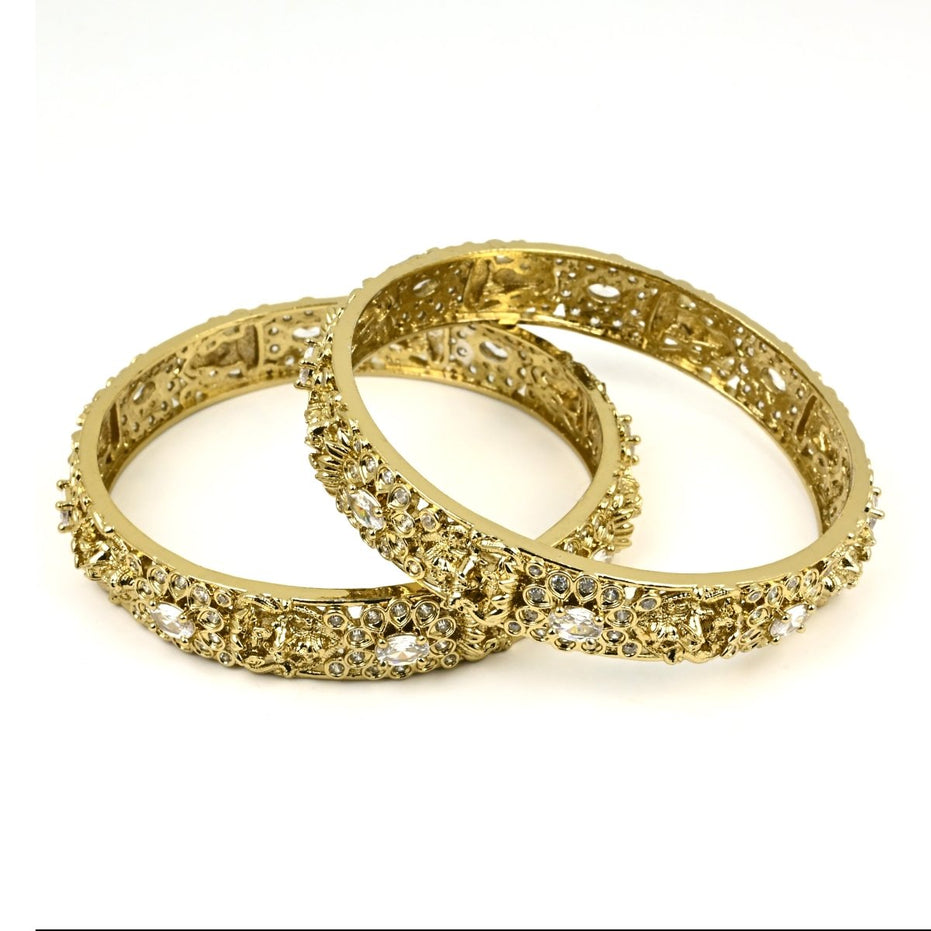 Mehendi Plated Kundan Meena Floral Stone Bangles (Pack of 2) - Opal Touch