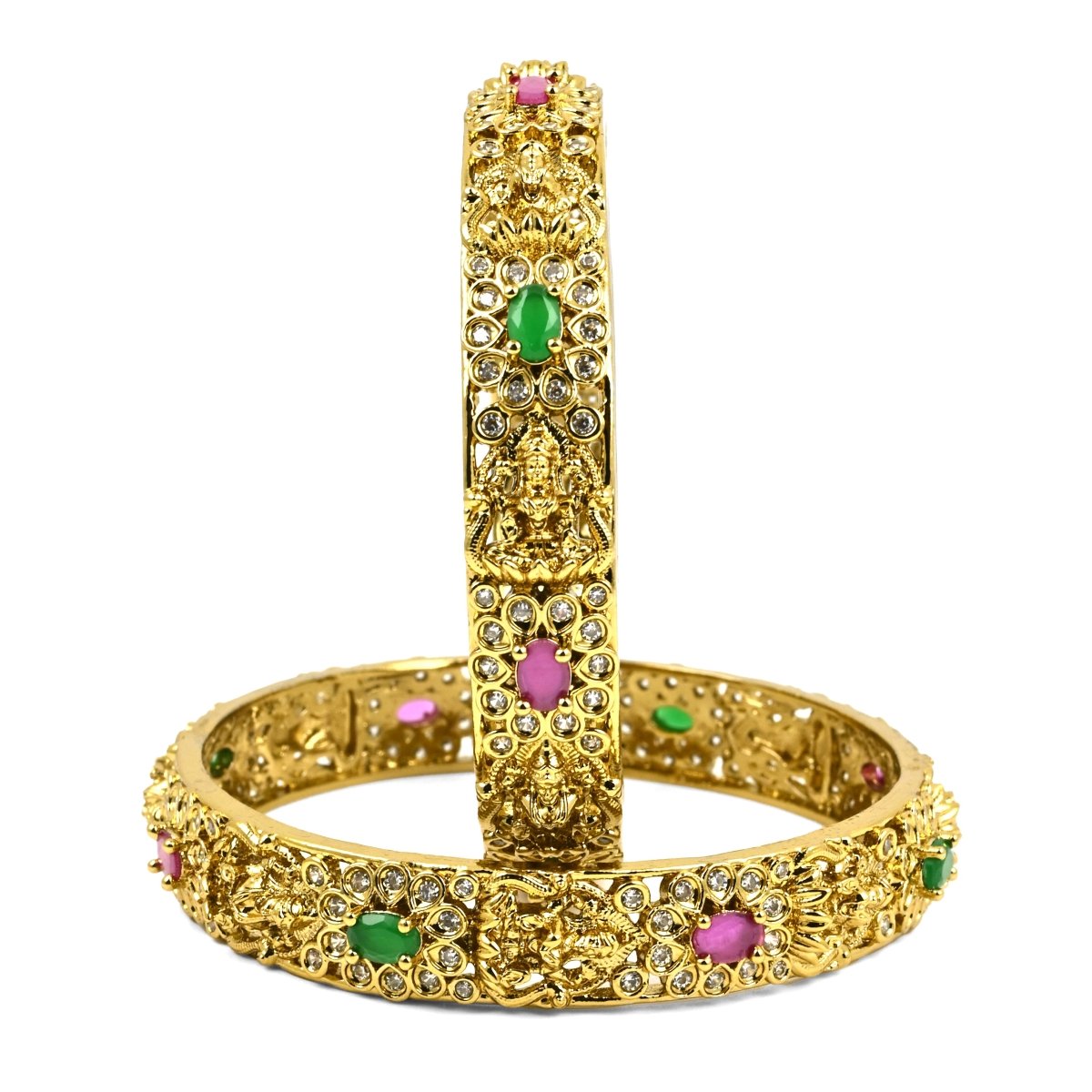 Mehendi Plated Kundan Meena Floral Stone Bangles (Pack of 2) - Opal Touch