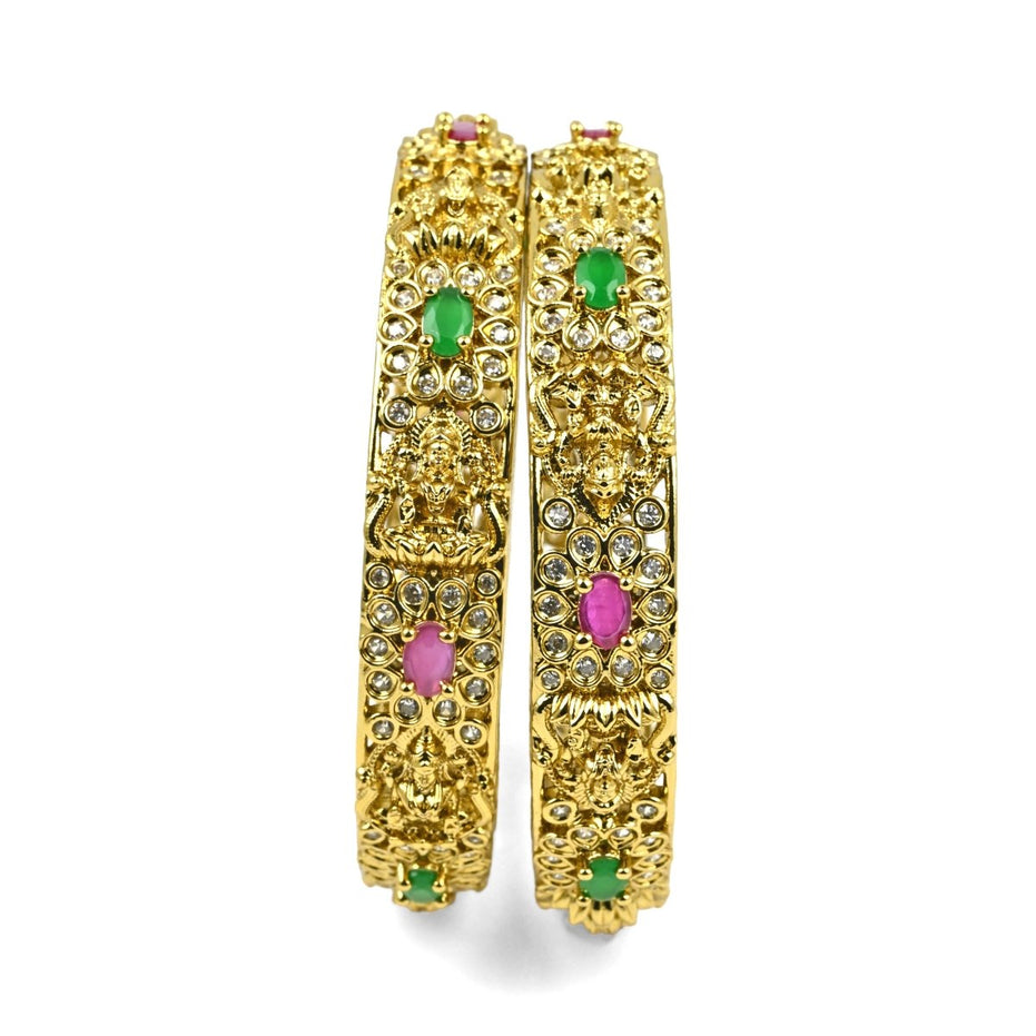 Mehendi Plated Kundan Meena Floral Stone Bangles (Pack of 2) - Opal Touch