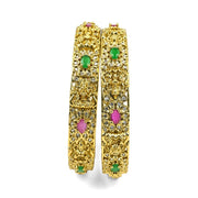 Mehendi Plated Kundan Meena Floral Stone Bangles (Pack of 2) - Opal Touch