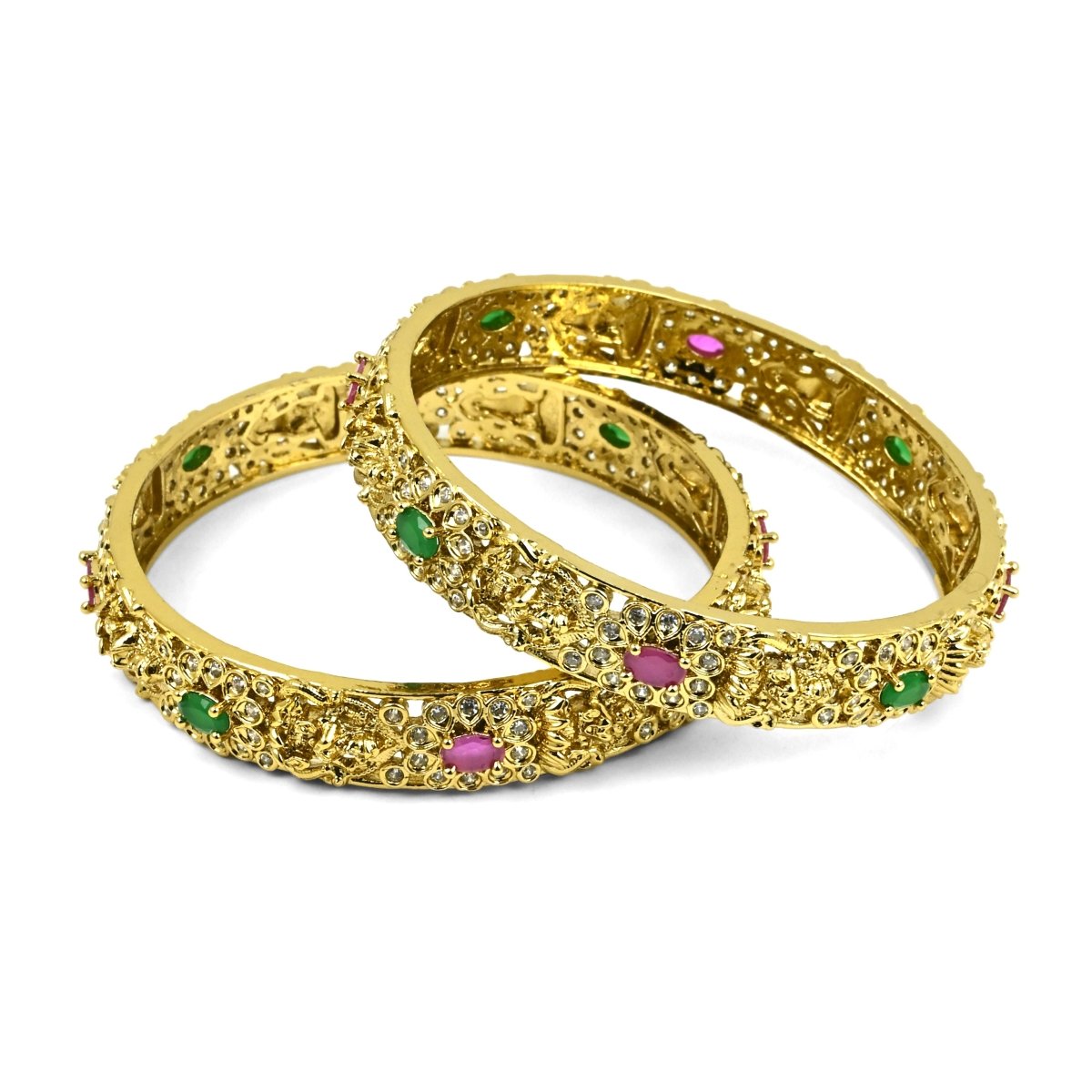 Mehendi Plated Kundan Meena Floral Stone Bangles (Pack of 2) - Opal Touch