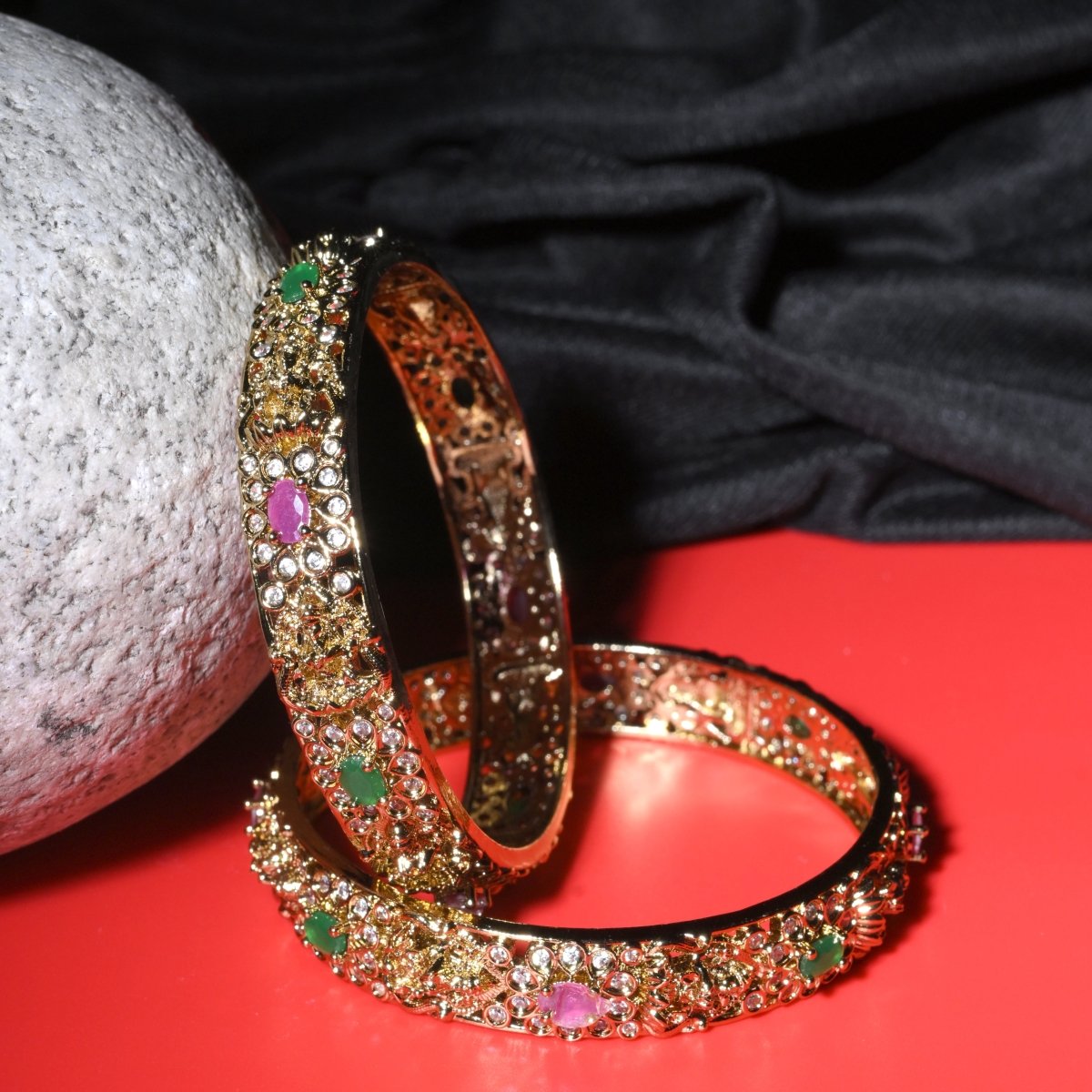 Mehendi Plated Kundan Meena Floral Stone Bangles (Pack of 2) - Opal Touch