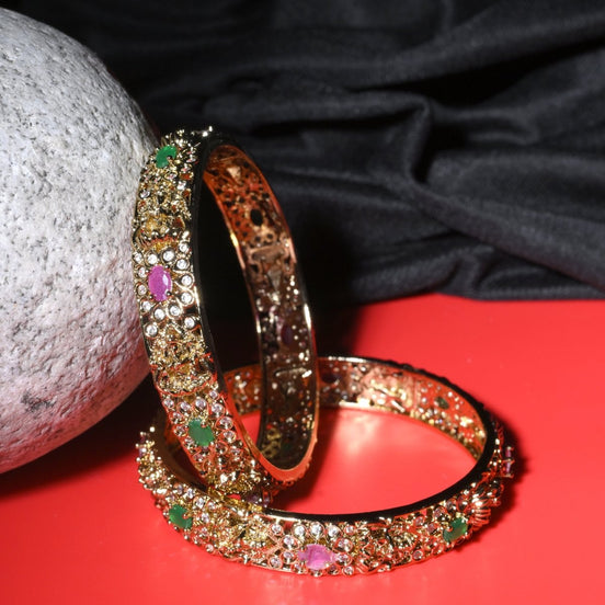 Mehendi Plated Kundan Meena Floral Stone Bangles (Pack of 2) - Opal Touch