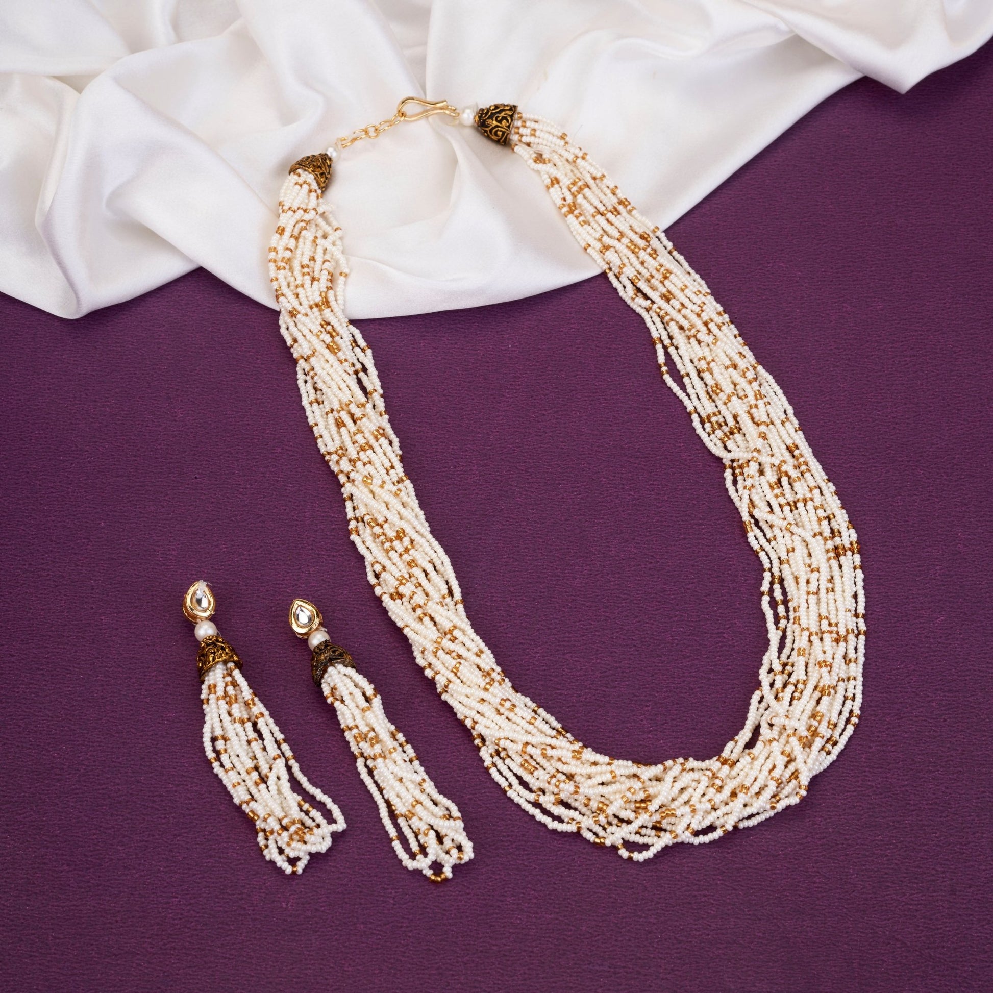 Necklace - Moti Jhalar Necklace Set - Opal Touch