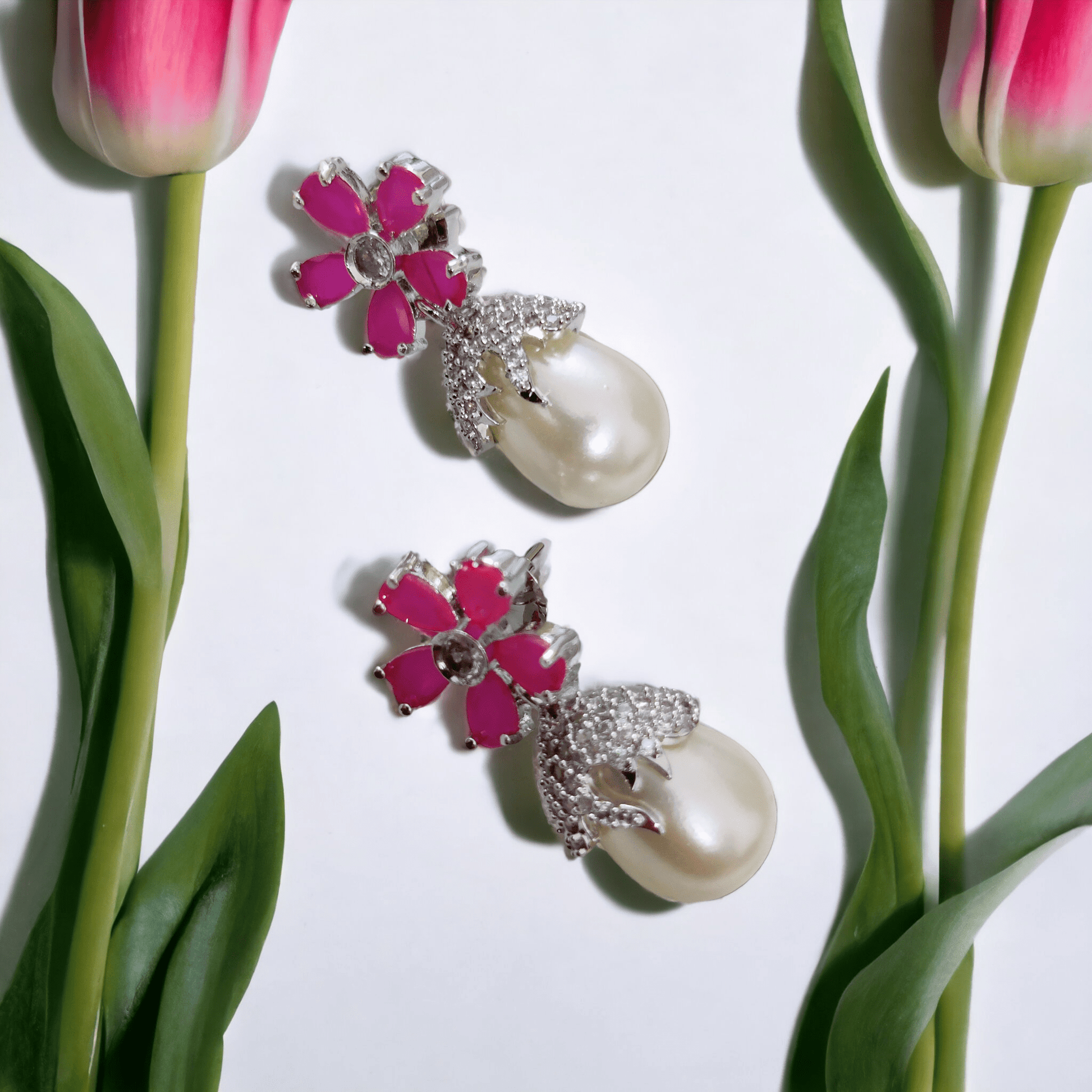 Opal Touch - Mystic Garden Earrings in Rhodium Green-White - Earrings