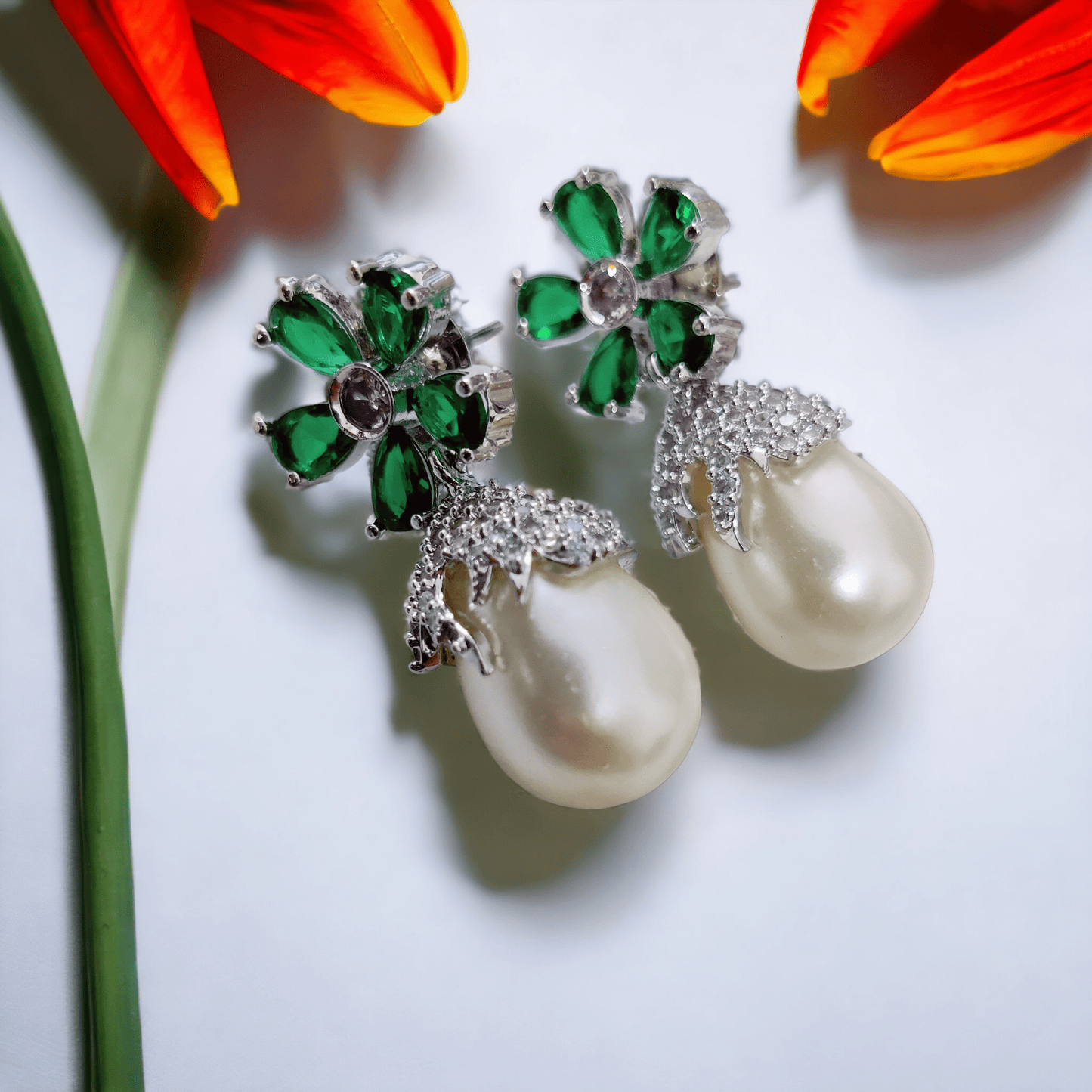 Opal Touch - Mystic Garden Earrings in Rhodium Green-White - Earrings