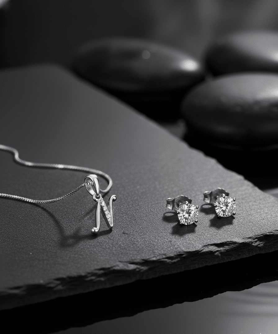 N' Initial Necklace and Cubic Zirconia Stud Earrings Set (Pack of 2) - Opal Touch