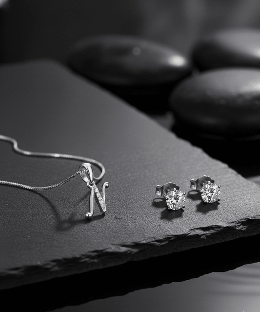 N' Initial Necklace and Cubic Zirconia Stud Earrings Set (Pack of 2) - Opal Touch