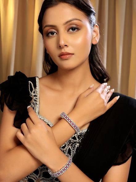 Opulent Cubic Zirconia Statement Rhodium Plated Bangles Set (Pack of 2) - Opal Touch