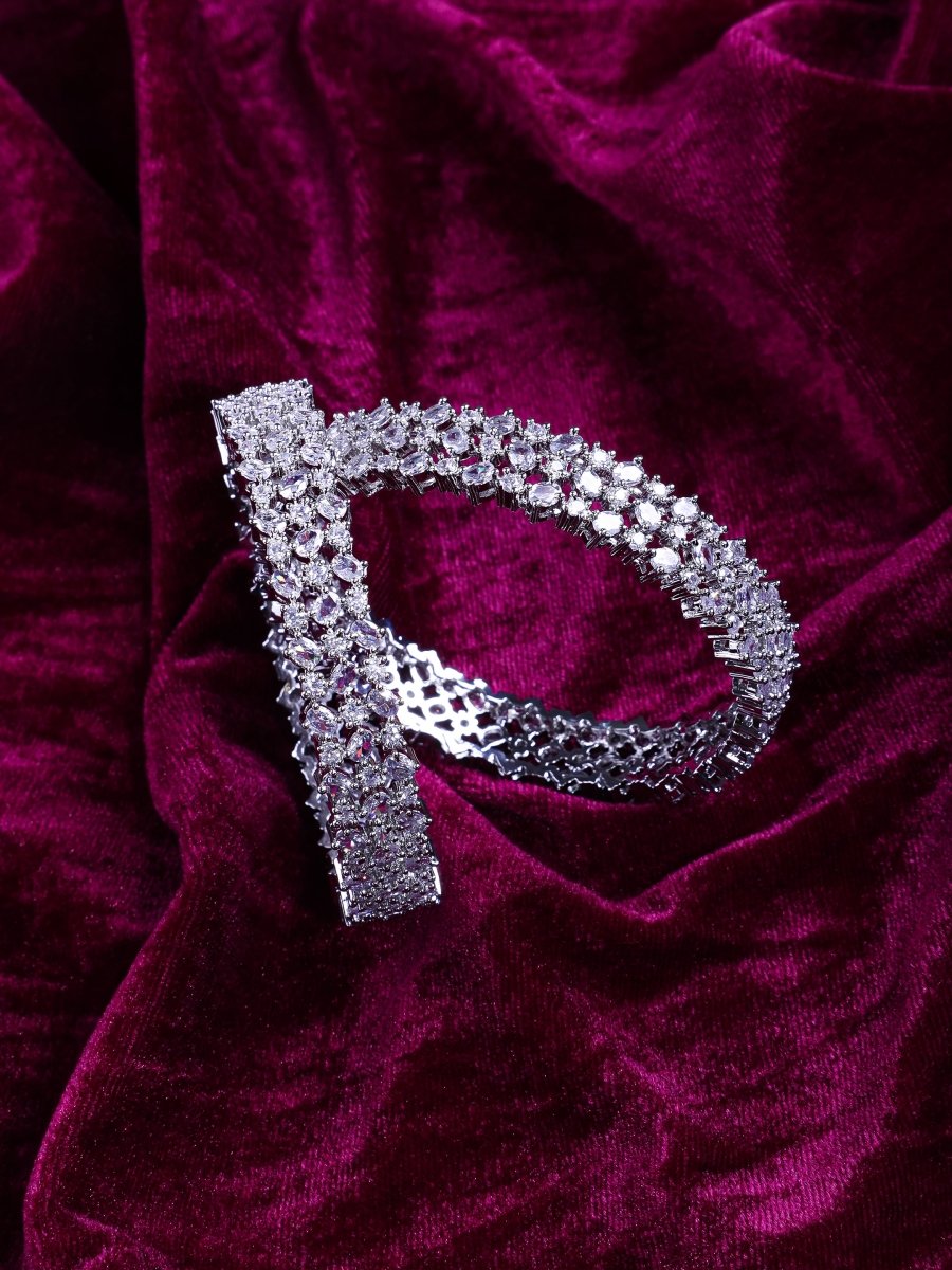 Opulent Cubic Zirconia Statement Rhodium Plated Bangles Set (Pack of 2) - Opal Touch