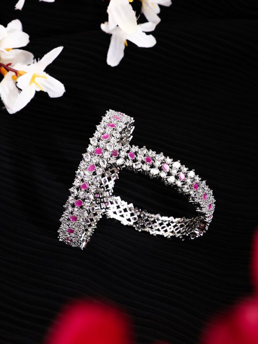 Opulent Cubic Zirconia Statement Rhodium Plated Bangles Set (Pack of 2) - Opal Touch